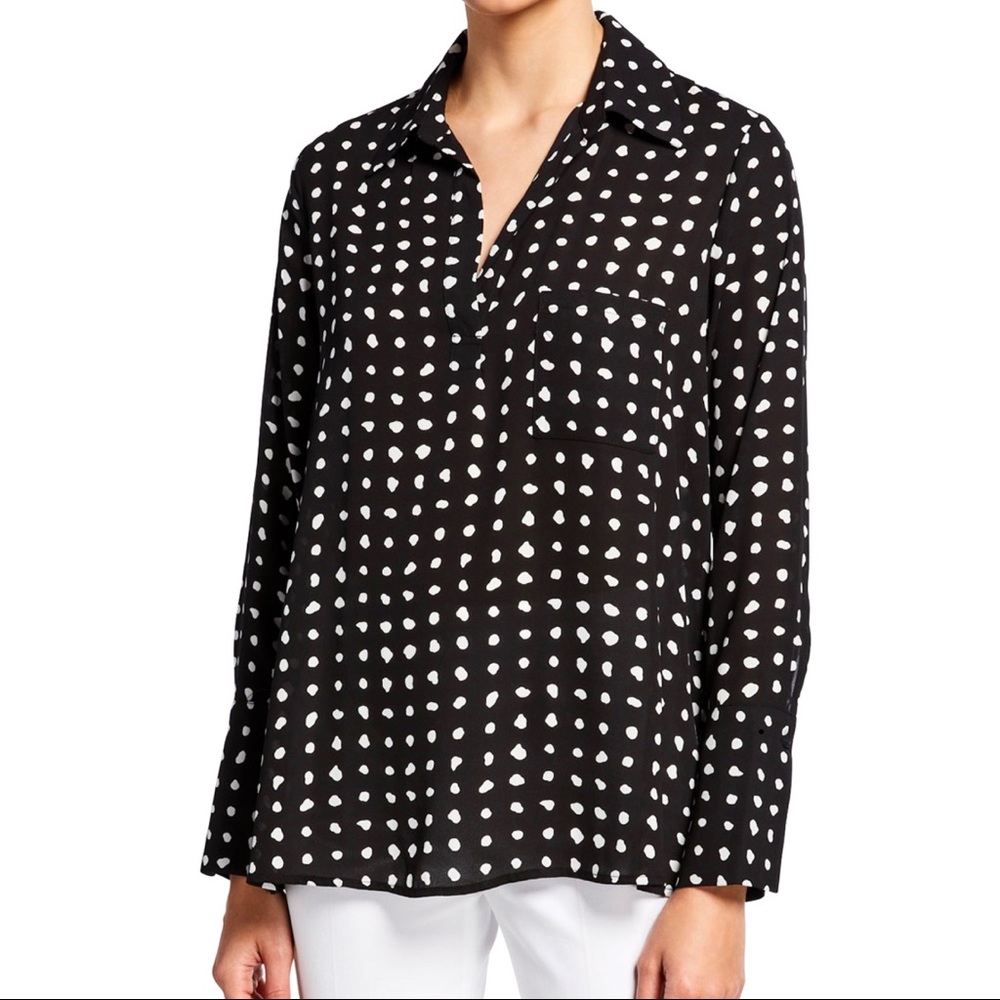 Pleione Black and White Polka Dot Collared Blouse